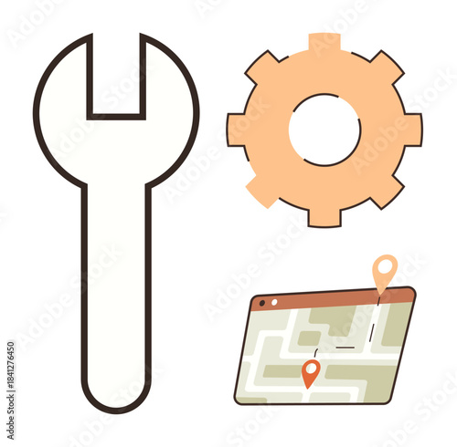 Wrench, gear, and map with location pins highlight service, settings, navigation, technology. Ideal for maintenance, system update, route planning technology innovation repair simple flat