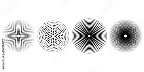 Black concentric circle set. Sonar or sound wave ring collection. Dotted and linear epicentre, target, radar icon concept. Ripple radial signal or vibration elements. Vector line and halftone symbols