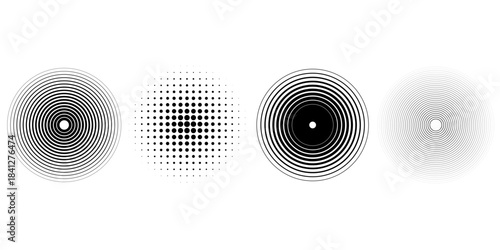 Black concentric circle set. Sonar or sound wave ring collection. Dotted and linear epicentre, target, radar icon concept. Ripple radial signal or vibration elements. Vector line and halftone symbols