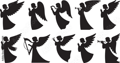Set of ten black silhouette angel icons with wings and musical instruments halo