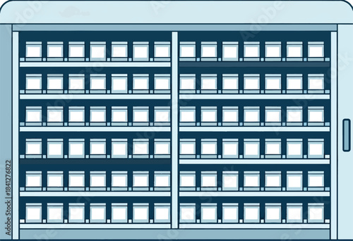 Refrigerated display case filled with identical items