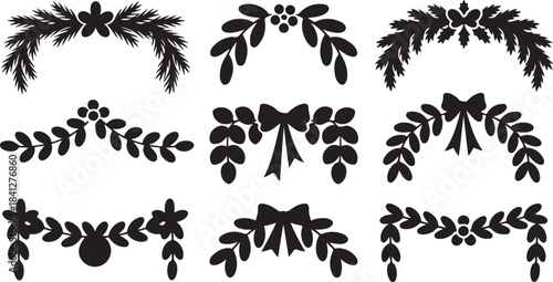 Set of nine black silhouette Christmas decorative elements with foliage, berries, and bows decoration