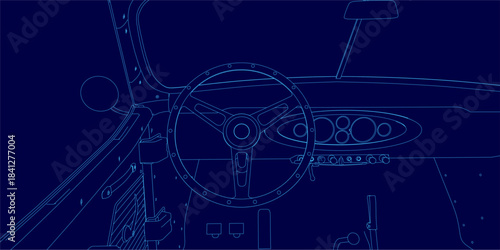 Retro sport car interior blueprint with steering wheel and speedometer contours on a deep blue background.