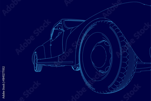 A retro sport car blueprint on a blue background reveals its aerodynamic contour and detailed mechanical design.