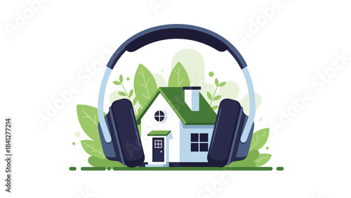 A house wearing headphones surrounded by greenery on a white background with a green roof and chimney
