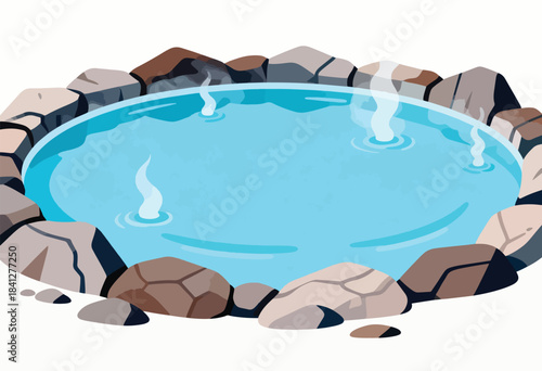 A steaming natural hot spring pool surrounded by rough rocks