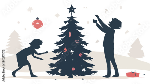 Charming Christmas Tree and Child Decorating Silhouette Vector Scene for Festive Holiday Moment Illustrations