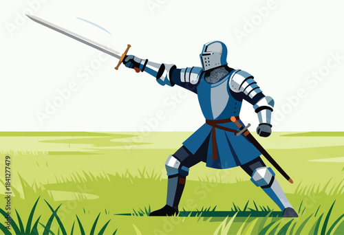 A knight in blue armor swings a sword in a green field