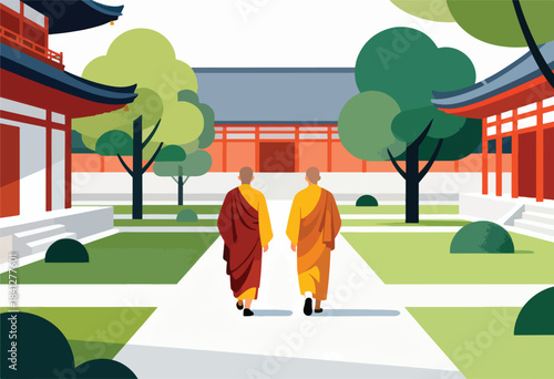 Two monks in saffron and maroon robes walk through a serene temple garden
