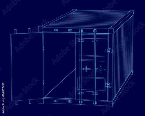 Detailed blueprint of a shipping container on a solid blue background, featuring its precise contour and technical components like doors and corrugated walls.