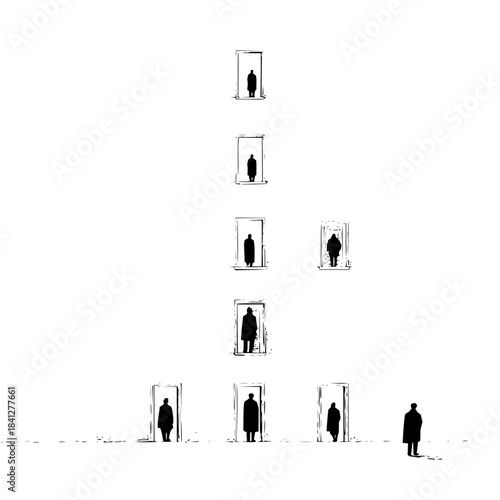 Minimalist conceptual art of silhouetted figures in doorways forming a pyramid, isolated on
