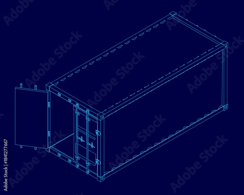 Detailed blueprint of a shipping container contour on a solid blue background, featuring labeled components and numbered parts for technical reference.