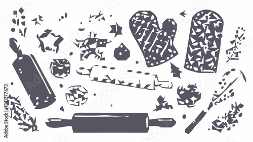 Holiday baking tools silhouette vector set, featuring rolling pins and other festive kitchen essentials for Christmas.