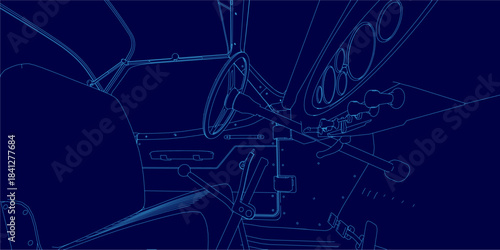 Retro sport car interior blueprint with steering wheel and speedometer contours against a deep blue background.