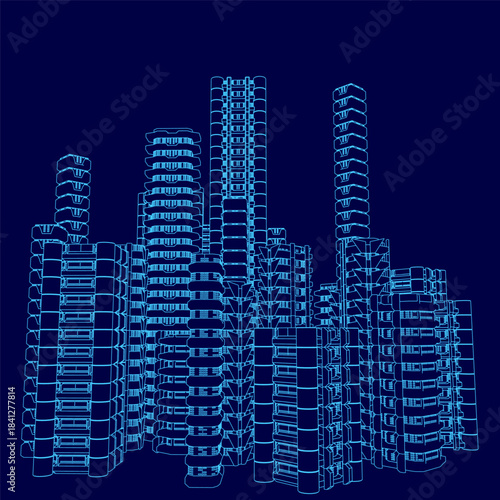 A sci-fi city blueprint with a grid of uniquely designed skyscrapers. The white architectural contours stand in stark contrast against the solid blue background.