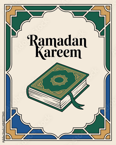Ramadan Kareem Greeting with Quran and Islamic design