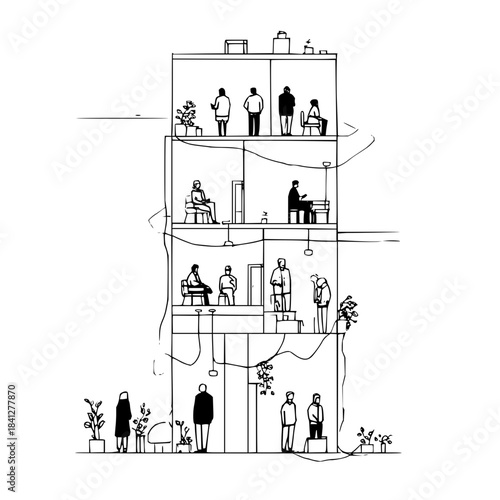 Architectural crosssection of a multistory building showing diverse people living and interacting, isolated on