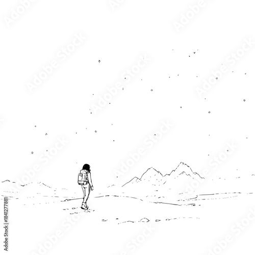 Minimalist line art drawing of a lone hiker with a backpack walking towards distant mountains, isolated on