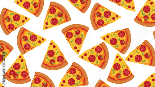 A vibrant and appetizing pattern of numerous slices of pepperoni pizza scattered across a white surface, perfect for food illustration or design use