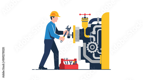 A cartoon illustration of a worker in a hard hat repairing or adjusting a large industrial valve or pipe system with a wrench
