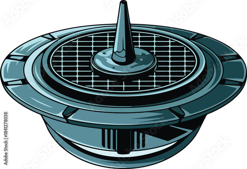 Futuristic metallic gravity engine science fiction device.