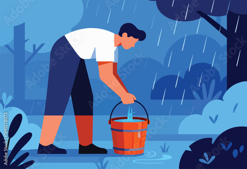 Person collects rainwater in a bucket during a heavy downpour