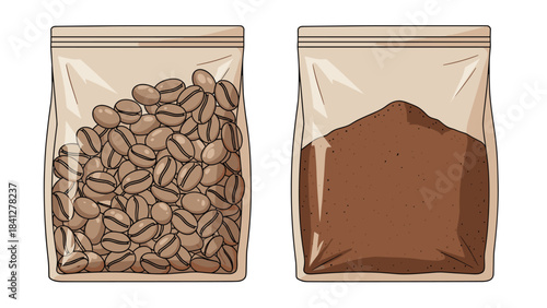 Illustration of two resealable bags one with coffee beans and the other with ground coffee on white background