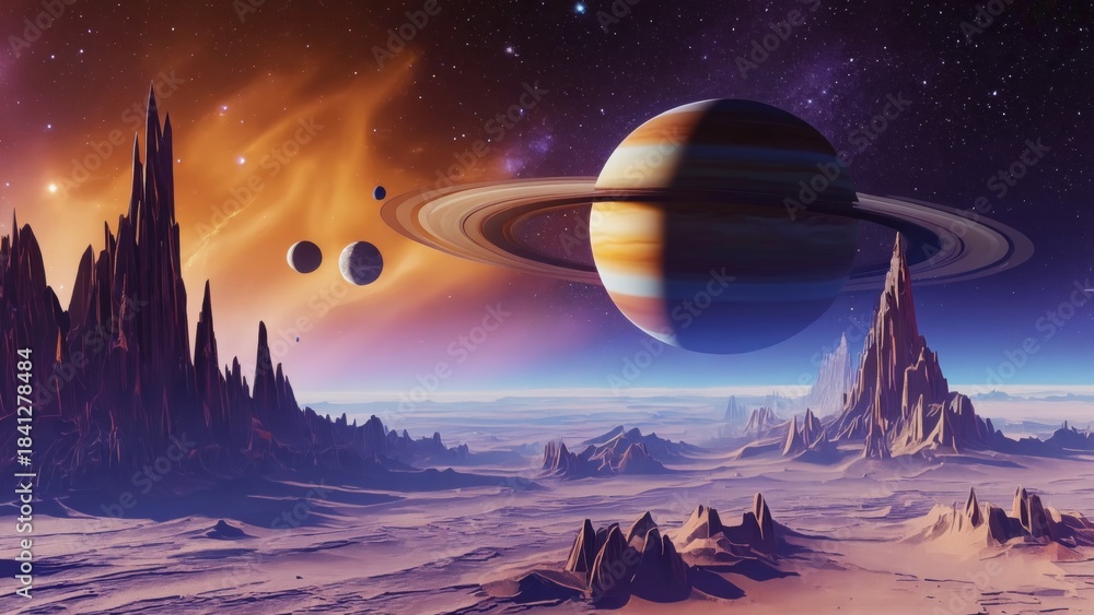 Obraz premium Futuristic alien landscape with rocky mountains and planet with massive rings rising in colorful sky, symbolizing space exploration, science fiction, imagination, and discovery of new cosmic worlds.