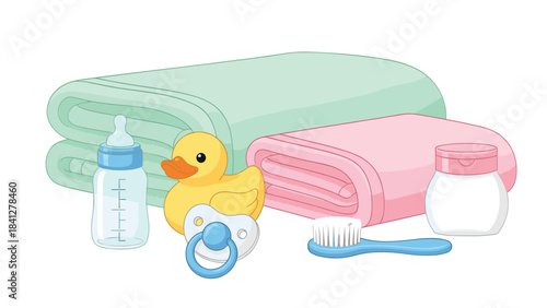 Baby bath time essentials with rubber duck, towels, bottle, and pacifier on white background for nursery or bathroom