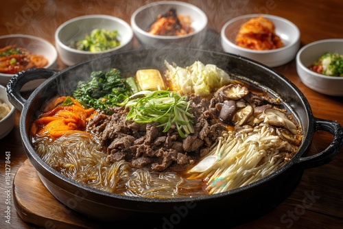 Steaming Korean Beef Stew (Bulgogi Jeongol) with Glass Noodles and Sides