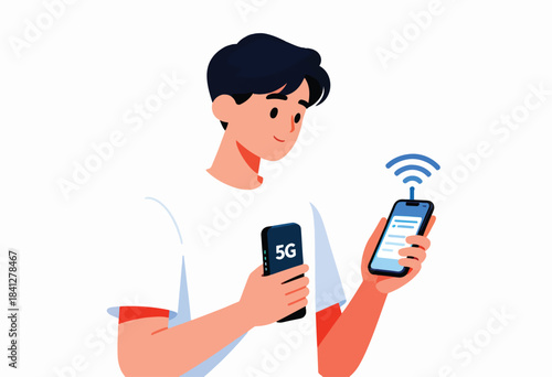 Young man holding two phones, one showing "5G," the other with a signal