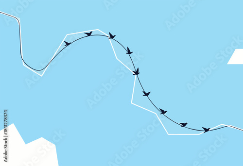 Silhouettes of birds in flight follow a winding path across a light blue sky