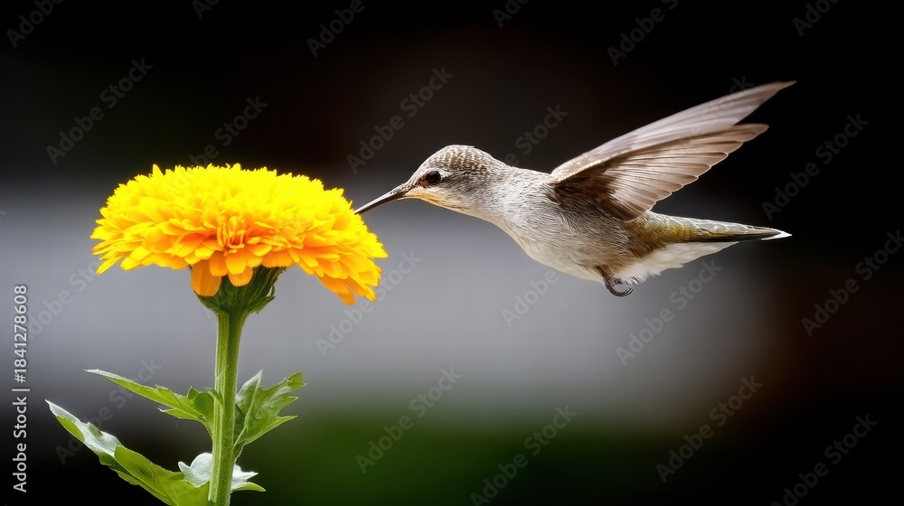 Naklejka premium Hummingbird Hovering Near Vibrant Marigold Flower in Nature