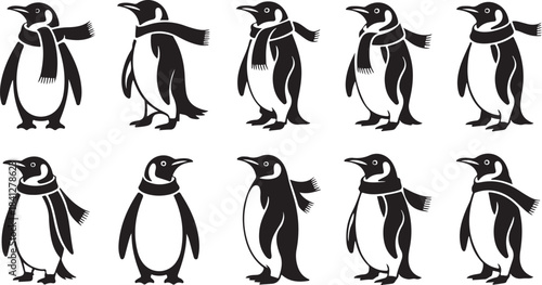Ten black penguin icons with scarves and outstretched wings in different poses on a white background Keywords: penguin, bird, arctic, animal, wildlife, silhouette, icon, symbol, design element