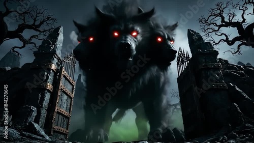 Three-headed Cerberus guarding a dark graveyard.