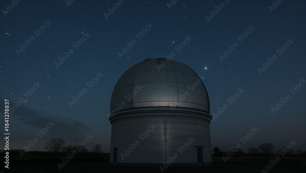 Obraz premium Sitting metallic observatory dome reflecting soft light in rural open field at night, with hatch