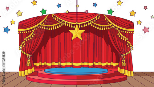 Grand Red and Gold Theatre Stage Vector Illustration with Center Podium and Star Decoration, Classic Circus or Magic Show Background for Performance, Awards, and Entertainment Events