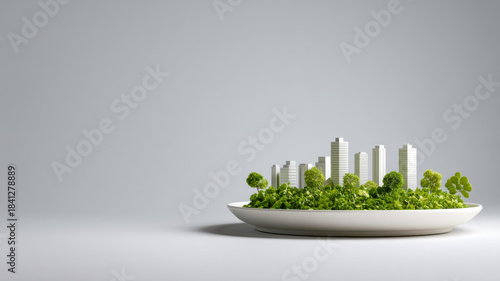 A miniature city model built on a plate with plants