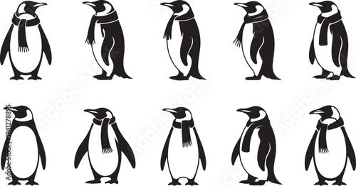 Ten black penguin icons with scarves in different poses on a white background Keywords: penguin, bird, arctic, animal, wildlife, silhouette, icon, symbol, design element, graphic, isolated, white
