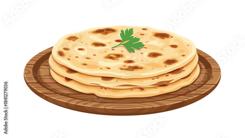 A stack of flatbreads on a wooden plate with a green leaf on top