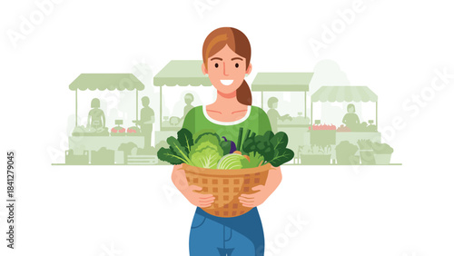 A smiling woman holding a basket of fresh vegetables at an outdoor market with green stalls and people in the background