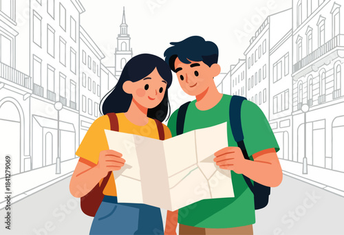 Two young tourists consult a map on a city street with outlined buildings