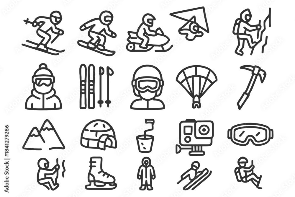 Fototapeta premium Winter sports icons set: skiing, snowboarding, climbing, paragliding, and more.