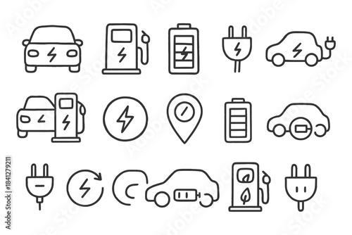 Electric vehicles and charging stations: doodle icons set.