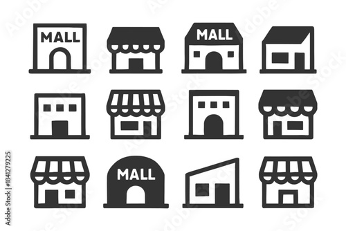 Set of twelve shopping mall and storefront icons in black and white design.