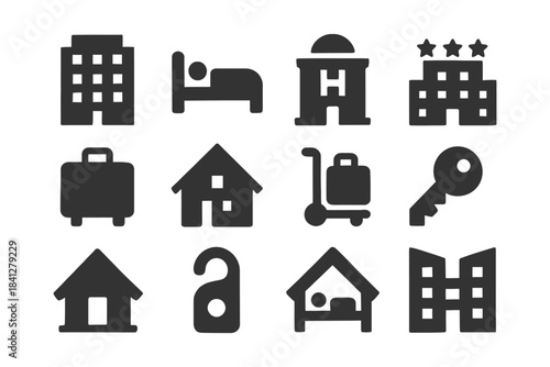 Hotel and accommodation icons: bed, luggage, house, key, do not disturb sign.