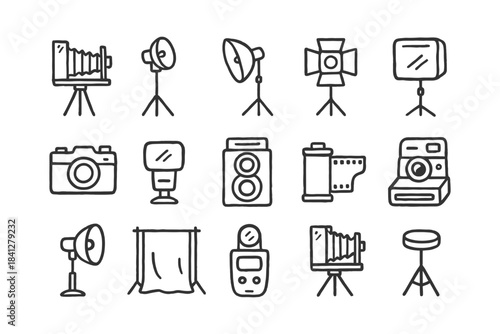 Hand-drawn photography equipment icons set: cameras, lights, tripods, film, and more.