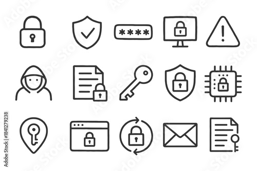 Cybersecurity icon set: locks, shields, keys, and warning symbols.