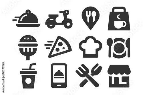 Food delivery icons: fast food, pizza, scooter, chef hat, shop, tableware.