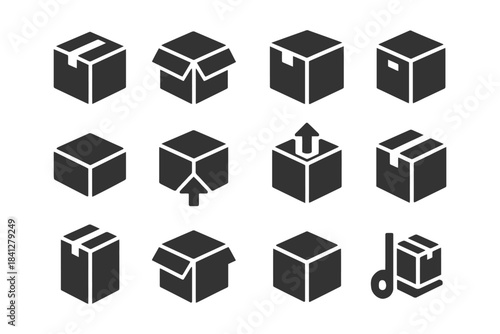 Set of black vector icons of various boxes and packaging symbols.